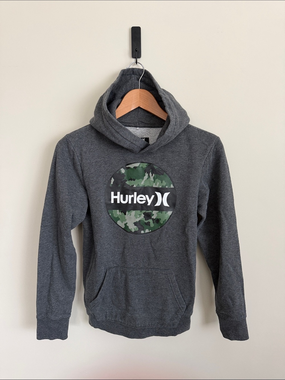 Hurley Kids Charcoal Hooded Sweatshirt with Green Camo Logo